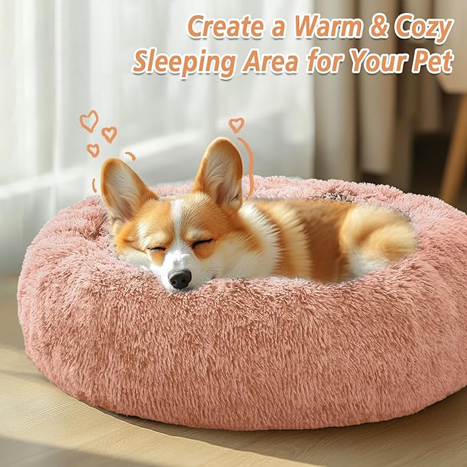 JOLLYVOGUE Calming Dog Bed Medium Size Dog, Anti-Anxiety Donut Medium Pet Bed, 31 inches Fluffy Faux Fur Round Cat Bed, Fits up to 45 lbs Pets (Peach Pink)