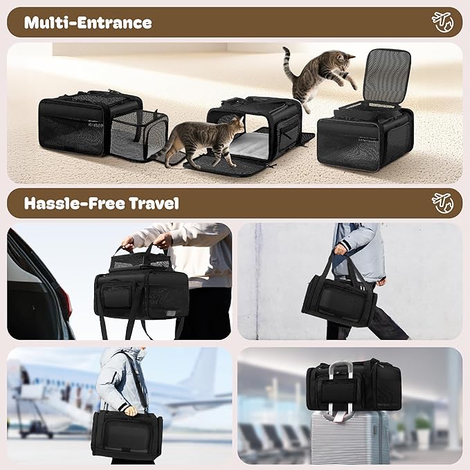 Top and 2 Sides Expandable Cat Carrier 18x13.5x9.5, TSA Airline Approved Dog Carriers for Small Dogs, Soft-Sided Pet Carrier with Self-Locking Zippers for Kitten,Rabbit, Puppy, Guinea Pig Black