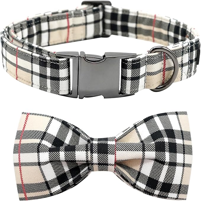Dog Collar- Plaid Pet Collar Cute Pet Bow Soft Girl or Boy Dog Collars with Metal Buckle Adjustable Collar Cotton Comfortable Pet Collars for X-Small Puppies