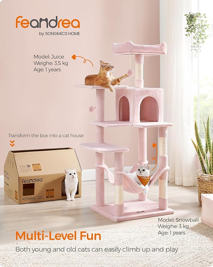 Feandrea Cat Tree, 55.1-Inch Cat Tower, Plush Multi-Level Condo with 4 Scratching Posts, 2 Perches, Hammock, Cave, Jelly Pink UPCT161P01
