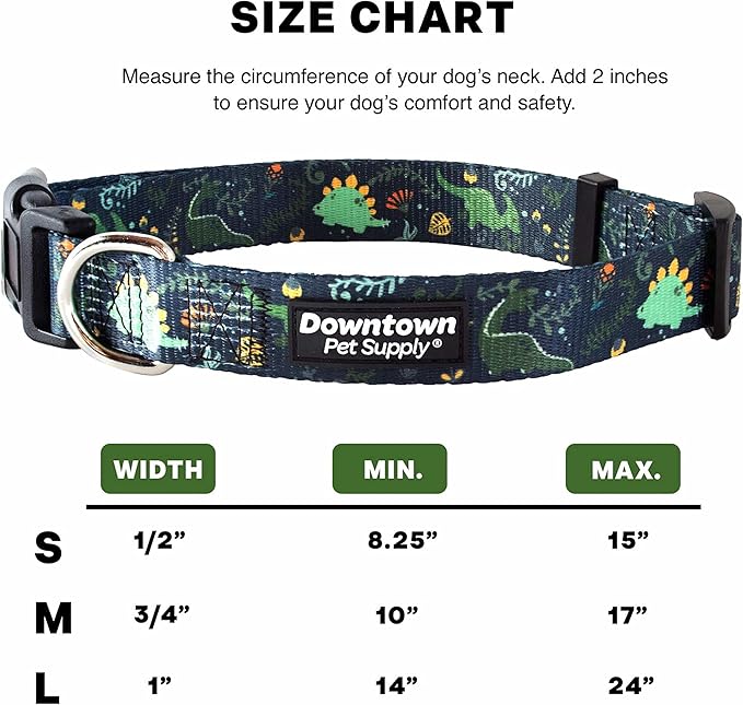 Downtown Pet Supply - Best & Fancy Adjustable Dog Collar with Quick Buckle & D-Ring - Hand Wash Safe - Dino - M - Medium