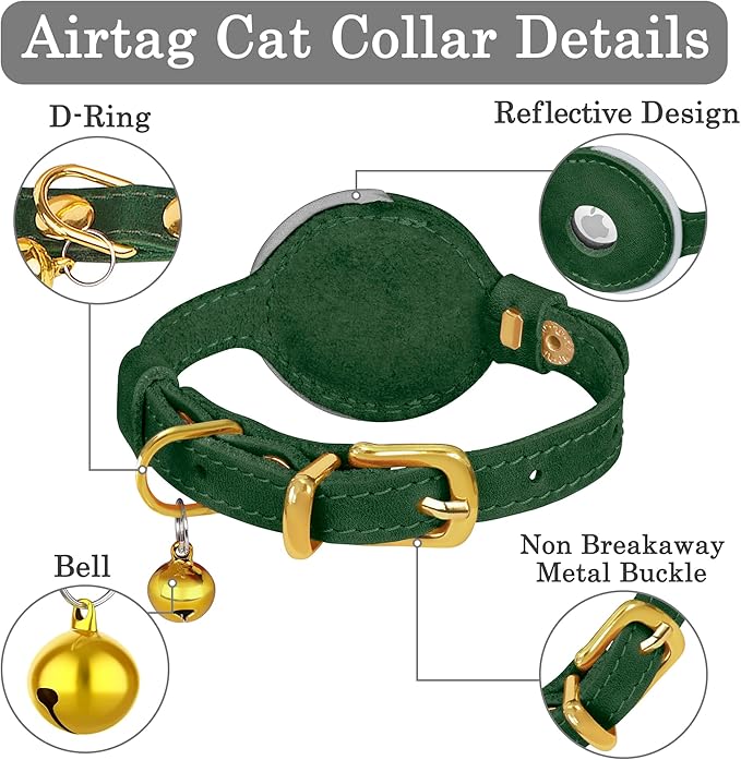 OOPSDOGGY Reflective Leather AirTag Cat Collar with Bell - Non Breakaway Adjustable Pet Collar with Apple Air Tag Holder - Lightweight GPS Kitten Collars for Small Dogs Puppy Girl Boy (Green)