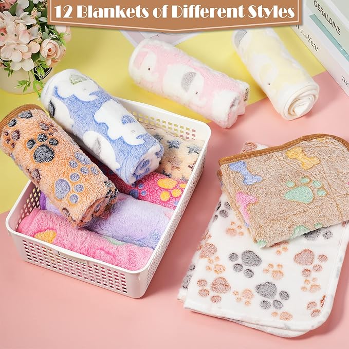 Tatuo 12 Pieces Puppy Blanket Warm Dog Cat Sleep Mat Pet Kitten Doggy Fleece Blankets with Cute Dog Paw Bone Star Elephant Patterns Printed Fluffy Blanket for Small Cat Puppy(16 x 24 Inch)