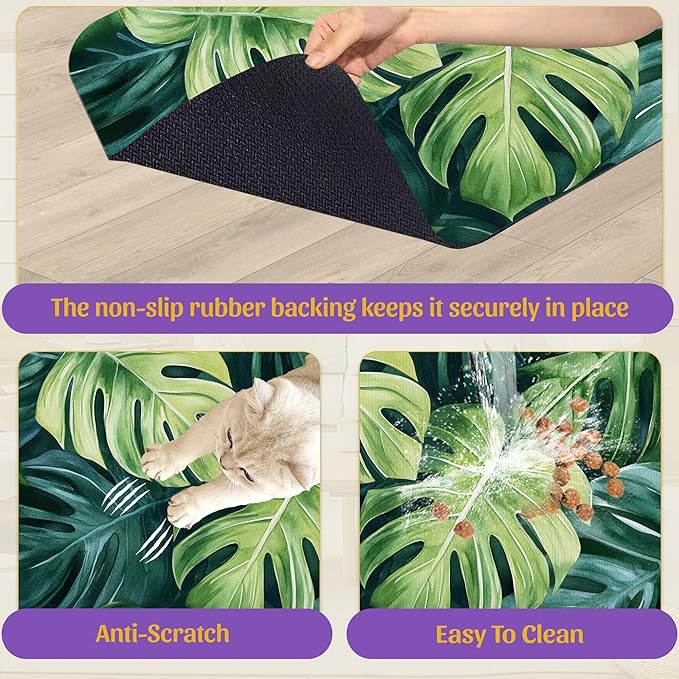 Tropical Palm Leaves Pet Feeding Mat, Absorbent Quick-Dry Dog Cat Bowl Mat, Non-Slip Bottom, Indoor Use – 12x20 Inch