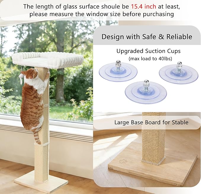 Cat Scratching Post with Large Window Perch - SnugCloud Ultra Soft Bed with Bolster,Adjustable 47" Tall Sisal Scratcher Tree for Maine Coon Big Cat Climbing, Naping and Overlooking
