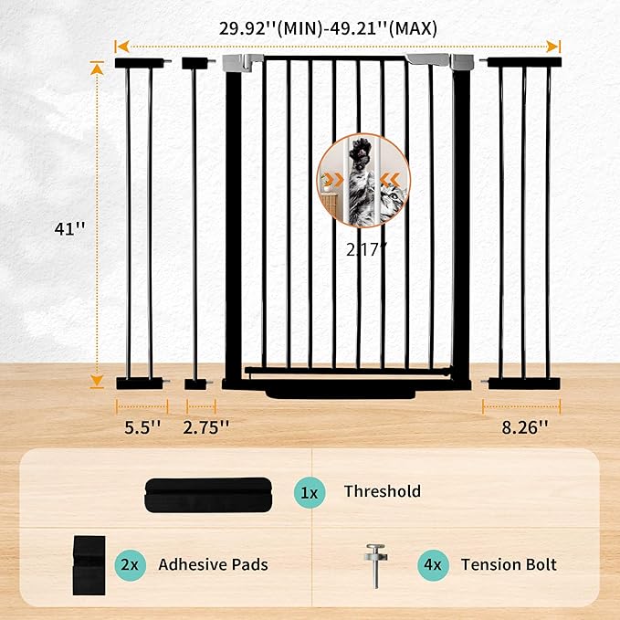 41" Tall Safety Pet Gate,Adjustable 29.92"-49.21" Wide,No Drilling Pressure Mount Kit,Auto Close Cat Gate Suitable for Stairs,Doorways (Black, 29.92"-49.21")