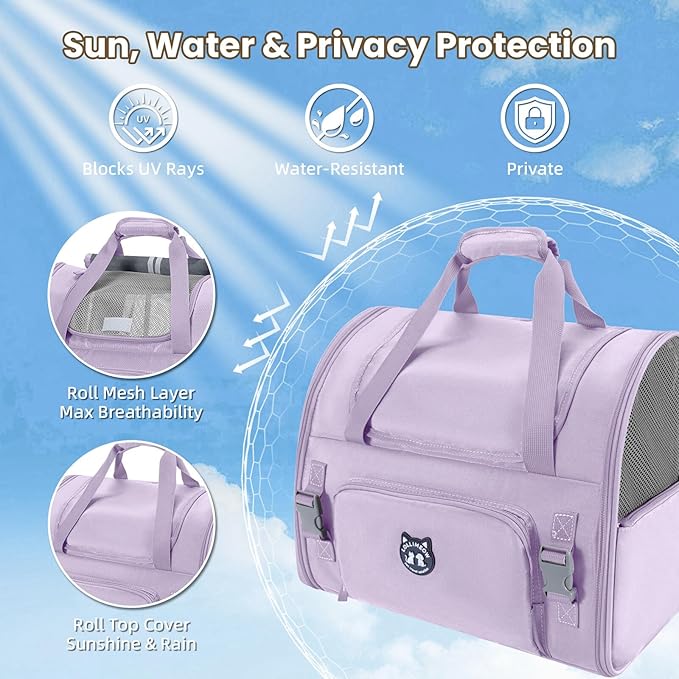 Lollimeow Expandable Cat Carrier Backpack for Large Cats - Airline Approved Pet Carrier Backpack for Small Dogs, Hiking & Travel, Waterproof with Breathable Mesh, 14lbs Capacity (Lavender, Standard)