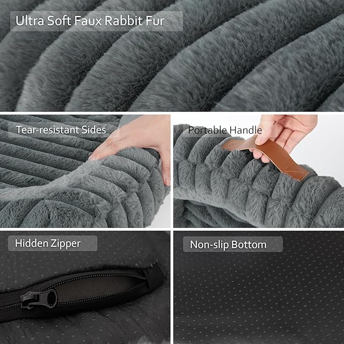 Cute Washable Dog Bed for Small Dogs -Soft Plush Calming Puppy & Cat Bed with Anti-Slip Bottom, Rectangle Anti-Anxiety Puppy Kennel Bed with Handle, 25" x 21" x 4",Grey