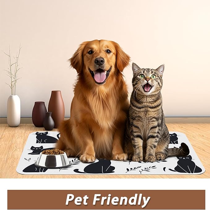 Cute Black Flower Dog Cat Food Mat,Absorbent Pet Feeding Mat with Rubber Backing,Non-Slip Water Bowl Placemat,Indoor Pet Accessories Supplies 16"x24"