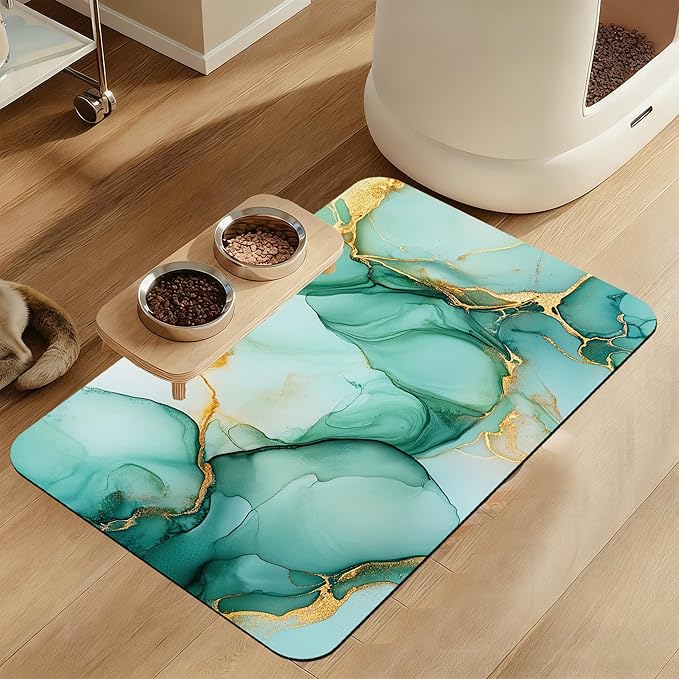 Green Marble Pet Feeding Mat for Floors–Christmas Stocking Absorbent Quick Dry Dog Cat Bowl Mat for Food and Water, Non Slip Waterproof Base, Mess-Free Feeding Accessories 16"x24"