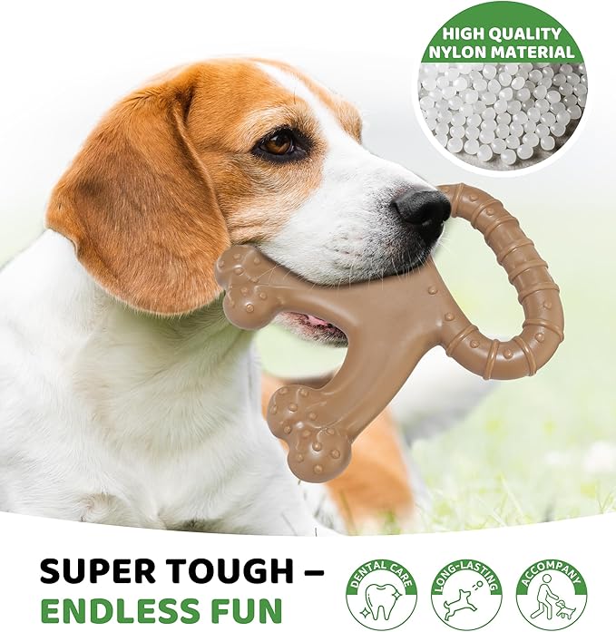 Durable Dog Chew Toy for Aggressive Chewers, Indestructible Nylon Bone with Beef Flavor, Dog Toy for Dental Care and Teeth Cleaning, Anxiety Relief for Small, Medium, and Large Dogs (Brown)