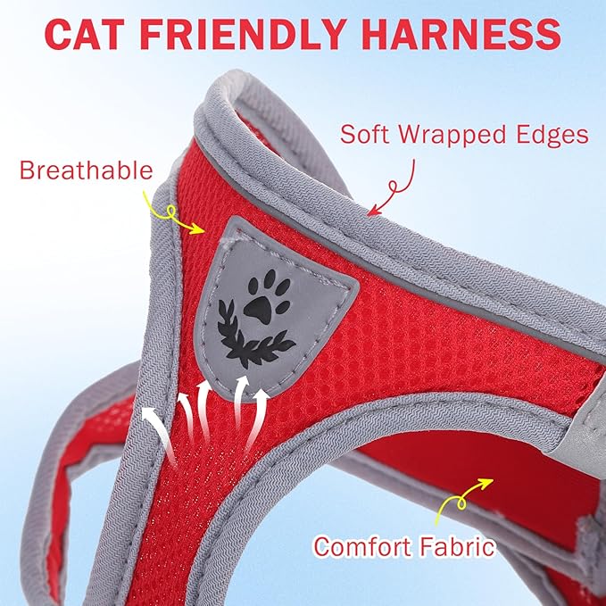 SCENEREAL Cat Harness and Leash Set Escape Proof, Adjustable Soft Air Mesh Kitten Harnesses for Girls Boys Small Medium Big Cats, Reflective Light Travel Pet Walking Vest for Puppy Rabbit, Red S