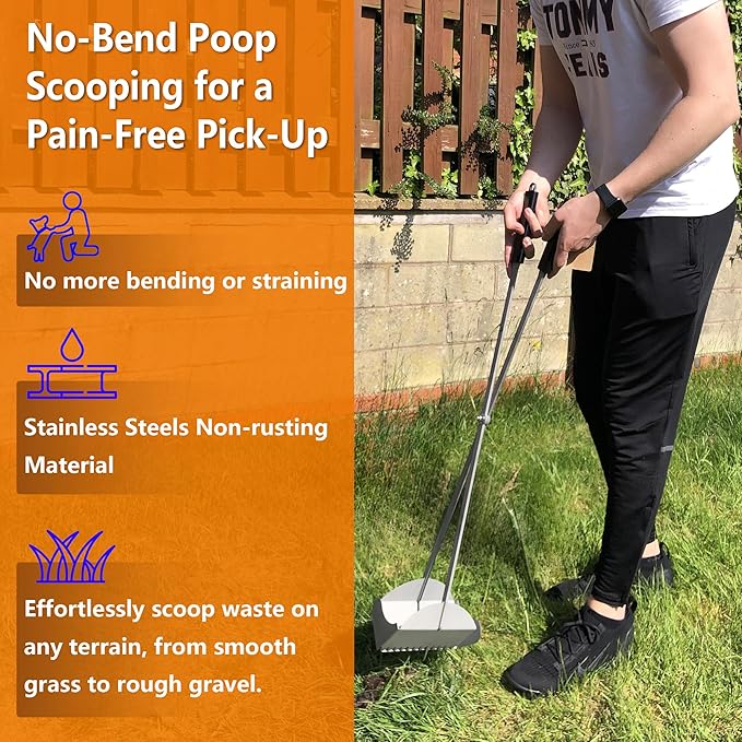 Heavy Duty Pooper Scooper 38" Stainless Steel Long Handle Dog Pooper Scooper with Teeth for Large Dogs Outdoor Pet Waste Removal Shovel Waste Pick-up Yard & Grass Use Leaves Cleaning