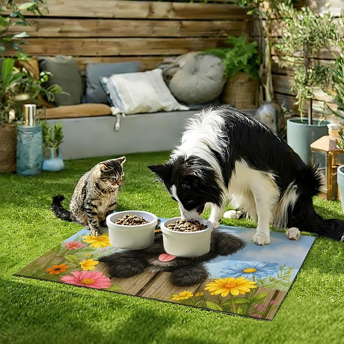 Spring Pet Feeding Mat 24" x 16"Puppy and Butterfly Floral Garden Design Non Slip Cat and Dog Bowl Mat Easy Clean Pet Food Mat Pet Placemat for Dog and Cat Feeding Area Kitchen Floor Decor
