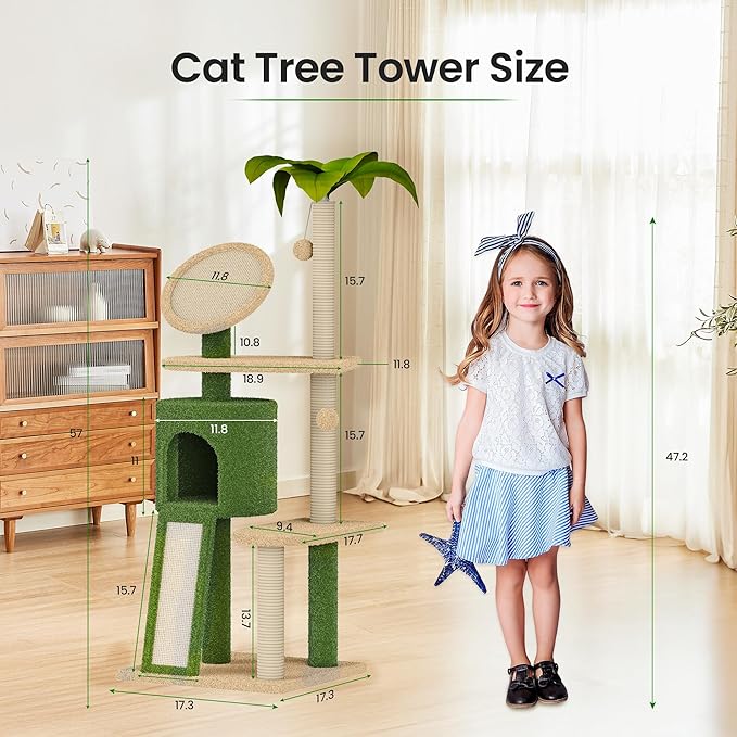 Erinnyees 57" Coconut Cat Tree for Indoor Cats, Multi Level Cat Tower with Plush Condo, Spacious Platform, Sisal-Covered Scratching Posts, Cat Activity Center with Hang Ball Toy, Pet Furniture, Green