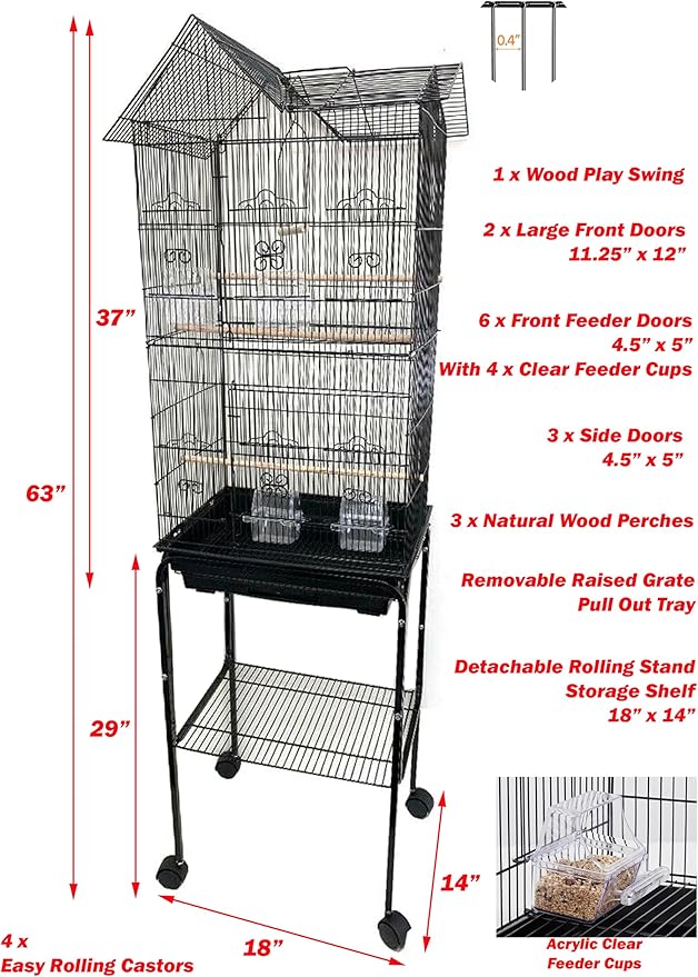 63" Roof Top Bird Flight Parrot Pet House Home Cage with Removable Rolling Stand for Cockatiel Sun Conure Parakeet Finch Budgie Lovebird Canary