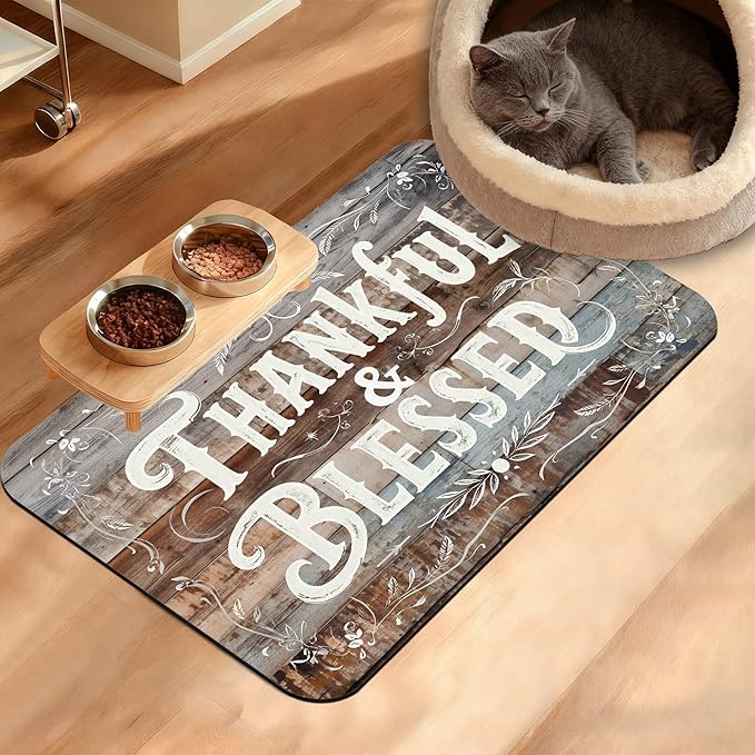 Thankful Feeding Mat,Blessed Absorbent Quick-Dry Cat Dog Food and Water Bowl Mats,Non-Slip Rubber Backing Mat,Cat Dog Accessories Supplies 16" x 24"
