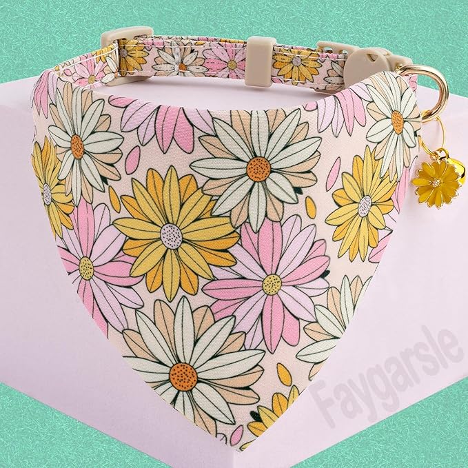 Faygarsle 2 Pack Floral Cat Collar Set with Bandana and Bow Tie, Pink and Yellow Daisy Pattern, Breakaway Safety Buckle
