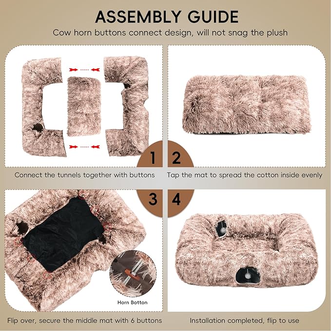 Extra Large Cat Tunnel Bed, 4 Ways Tunnels for Indoor Cats, Multi-cat Family Pet Bed & Cave, Plush Cat Donut with Washable Middle Mat, Exit Balls, Pet Play Toy for Kitten Puppy Rabbit, Brown