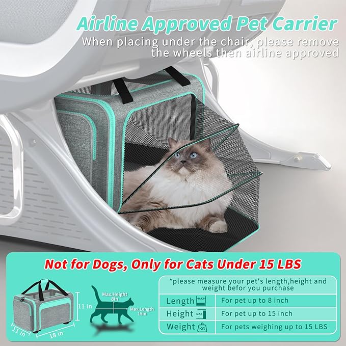 Rolling Pet Carrier with Detachable Wheels - 18x11x11 TSA Airline Approved for Southwest Delta United American, Soft Sided Expandable Travel Bag for Small Dogs & Cats up to 15Lbs, Fits Under Seat