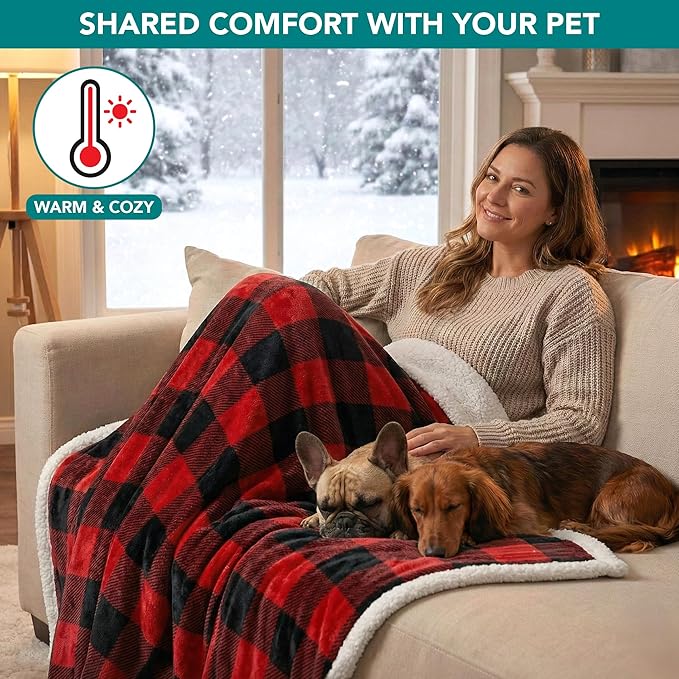 PetAmi Waterproof Dog Blanket for Medium Large Dog Puppy Cat Throw for Couch Cover Leakproof Protection, Sherpa Fleece, Reversible Soft Washable 60x40 Checker Plaid Red