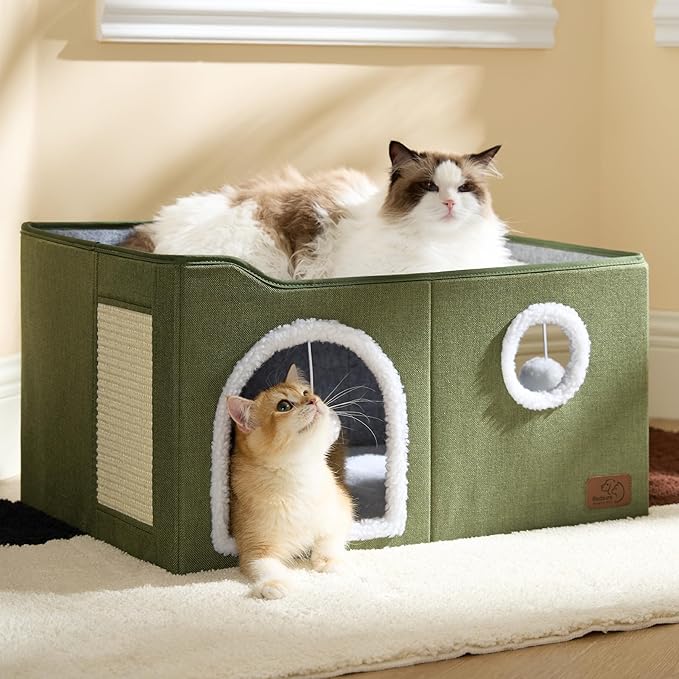 Bedsure Large Cat Beds for Indoor Cats - Extra Wide Cat Cube House for Small Pet with Fluffy Ball Hanging and Scratch Pad, Foldable Pet Cave Hideaway for Multiple Cats, 23.6x16.9x13 inches