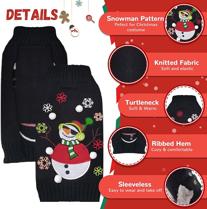 Christmas Dog Sweaters Xmas Pet Outfit Clothes Cute Black Snowman Costume Puppy Cat Knitted Jumpers (XS,Black Snowman)
