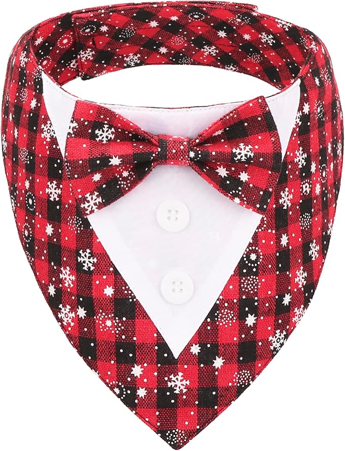ADOGGYGO Christmas Dog Tuxedo Bandana, Red Plaid Pet Chritstmas Tux with Bowtie Adjustable Christmas Formal Costume for Medium Large Dogs Pets (L)