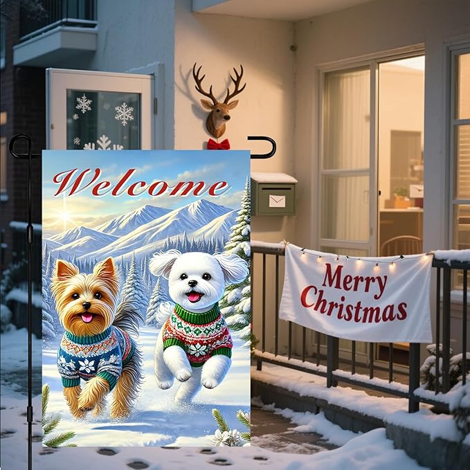 Welcome Winter Garden Flag Two Cheerful Dogs Flag Winter Sweaters 12x18 Inch Double Sided Outdoor Banner For Front Yard Porch Lawn Patio Seasonal Home Decor Pet Animal Outside