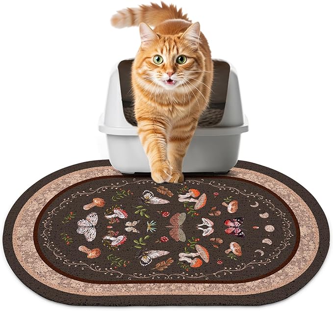 Bienbee Cat Litter Mat, 24" x 15" Litter Box Mat Rug with Non-Slip Bottom,Urine and Water Proof, Easy to Clean Cat Supplies Essentials for Indoor Kitty Kitten Floor, Brown Mushrooms M