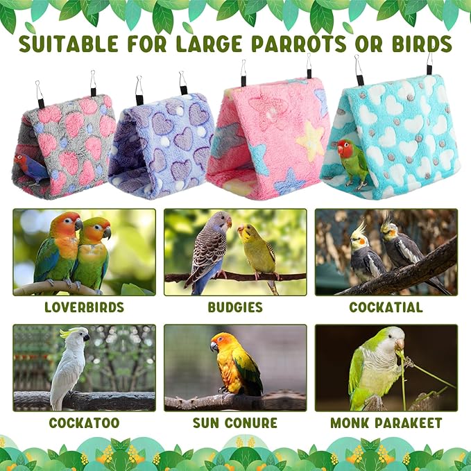 4 Pcs Winter Warm Bird Nest for Cage Plush Birds Hanging Snuggle Cave 6.7" and 9.5" House Shed Hut Parakeet Sleeping Bed Hammock Fluffy Birds Hideaway Tent for Small Parrot(Lovely,Heart)