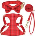 Beirui Cute Extra Small Dog Harness Collar and Leash Set with Bowtie, Soft Adjustable Plaid Puppy Harness for Small Sized Dogs Cats Walks Parties and Photoshoots(Red,XXS:Chest 12-14")