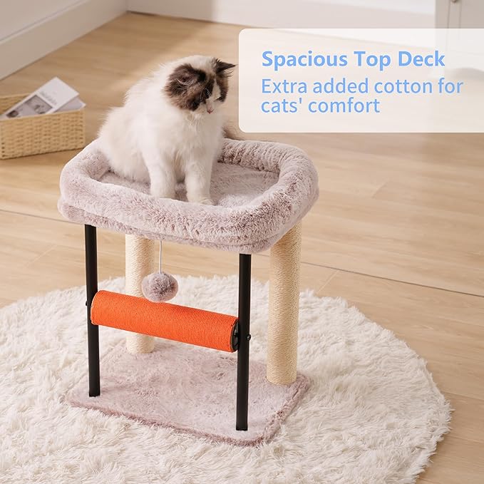Hey-brother Cat Tree Tower with Rolling Scratching Post, Spacious Plush Platforms, Fully Sisal-Wrapped Column and Plush Toy Ball, Sturdy Bed for Indoor Kittens, 18.9 inches, Muchroom MPJ010SMU