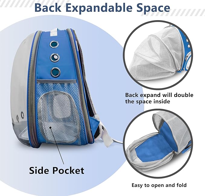 Cat Backpack Carrier Back Expandable Bubble Pet Carrier Backpack for Large Cat, Kitten and Dog, Designed for Hiking, Travelling and Outdoor Use (Back Expandable-Blue)