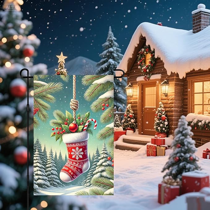Christmas Garden Flag Christmas Stocking Garden Flag Snowflake Holiday Gardens Flags 12x18 Inch Double Sided Outdoor Decoration for Festive Season Yard Porch Lawn Display