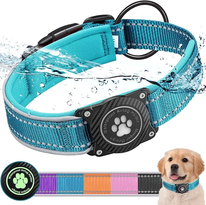 Airtag Dog Collar with Waterproof Air Tag Holder, Luminous Reflective, Soft Padded, Adjustable Nylon Pet Collar for Small Medium Large Heavy Duty Dogs,Blue, XL