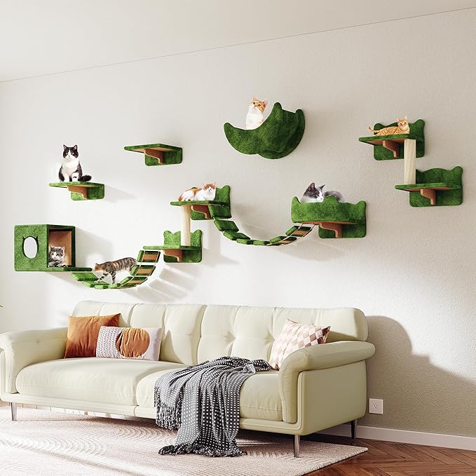 13-in-1 Cat Wall Shelves, Wall Mounted Cats Furniture Set with Plush Fabric, Cat Climbing Wall Systems, Cats Shelf with Moon Hammock, Condo, House, Step, Bridge Ladder, Scratching Post, Green