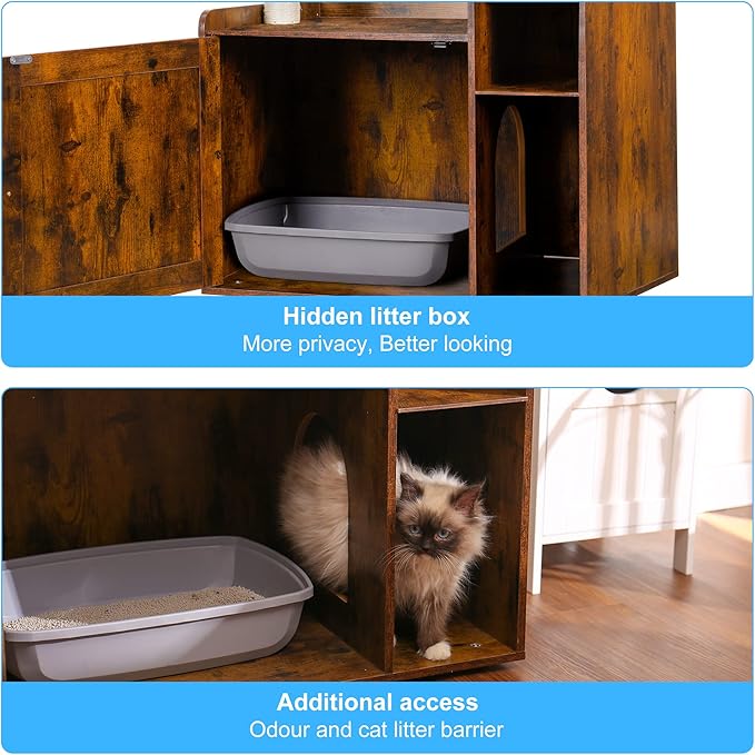 Hey-brother Cat Tree with XL Litter Box Enclosure, All-in-one Cat Tower for Indoor Cats with Large Hammock, Bed, Food Station, Scratching Posts, Modern Style Pet Furniture, Rustic Brown MPJ101SR