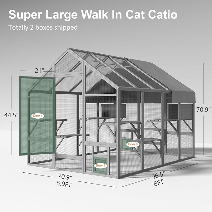 Cat Catio, Large Catio Outdoor Cat Enclosure for Multiple Cats with 7 Platforms, 2 Resting Box and 2 Bridges, Wooden Feral Cats Shelter with Waterproof and UV Proof Canopy, 71 x 71 x 97 inch