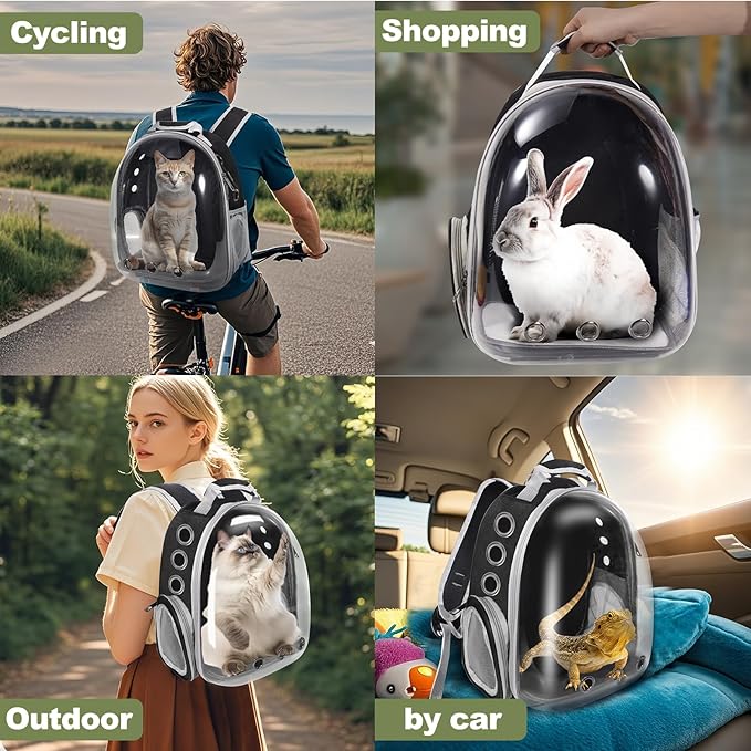 Pet Carrier Backpack Bearded Dragon Cat Bird Rabbit Guinea Pig Small Animal Carrier Backpack with Clear Bubble Window Ventilated Space Capsule Design Black and White