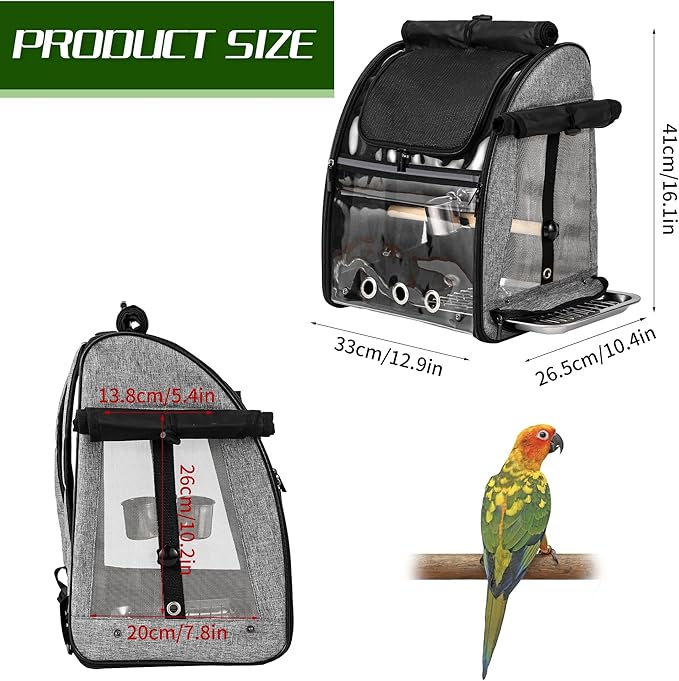 SUERTREE Bird Carrier Bag with Indestructible Stainless Steel Mesh, Bird Travel Cage with Stand, Easy to Clean Backpack for Parrot, Portable Bird Travel Bag, Grey