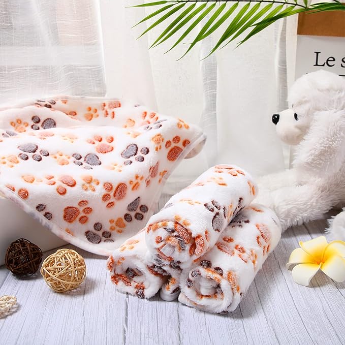 Tatuo 4 Pcs Dog Blanket for Pet Cat Blankets Indoor Puppy Teething Stuff Toys Paw Print Fleece Soft Blanket Sleep Mat for Guinea Pig Cage(White,Small(24 x 16 Inch))