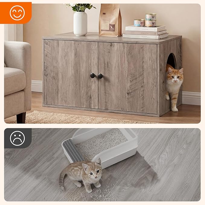 HOOBRO Cat Litter Box Enclosure, Hidden Litter Box Furniture with Side Entry, Litter Box Cabinet, Indoor Cat House, End Side Table, 31.5"L x 17.7"W x 16.3"H, for Living Room, Bathroom, Greige BG40MW01