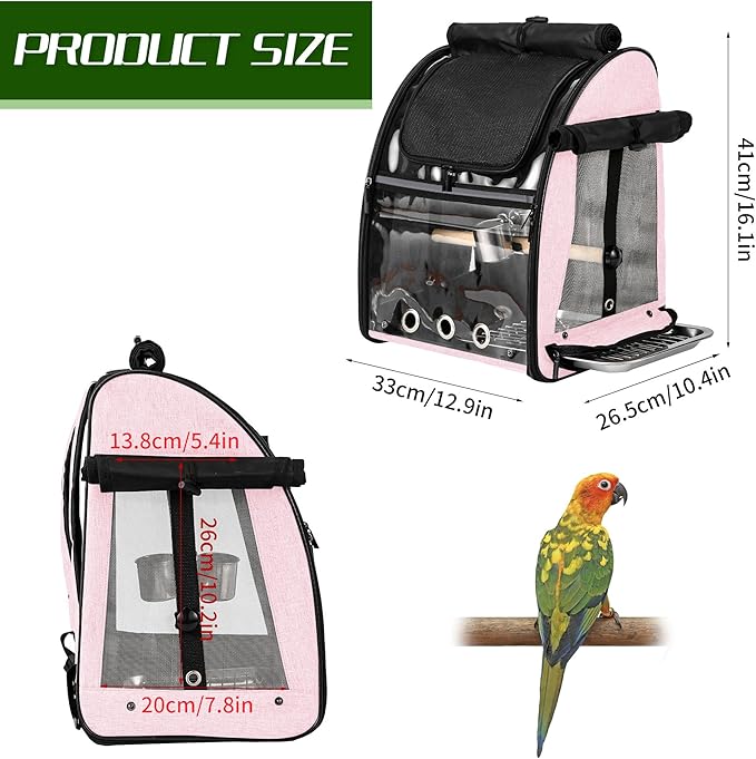 SUERTREE Bird Carrier Bag with Indestructible Stainless Steel Mesh, Bird Travel Cage with Stand, Easy to Clean Backpack for Parrot, Portable Bird Travel Bag, Pink