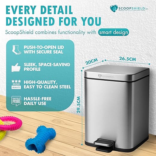 6L Outdoor and Indoor Pet Waste Container, (with one Charcoal Filter), Stainless Steel Can. Lid Opens with Push Step. 12 in x 10 in x 8 in Dimension.