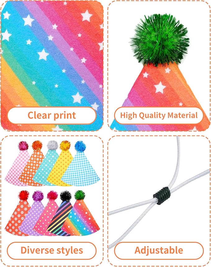 PET SHOW 10 Pack Small Party Hats for Medium Dogs Birthday Stuffed Animals Puppy Adjustable Headband Colorful Holiday Felt Hats Pet Grooming Costume Accessories
