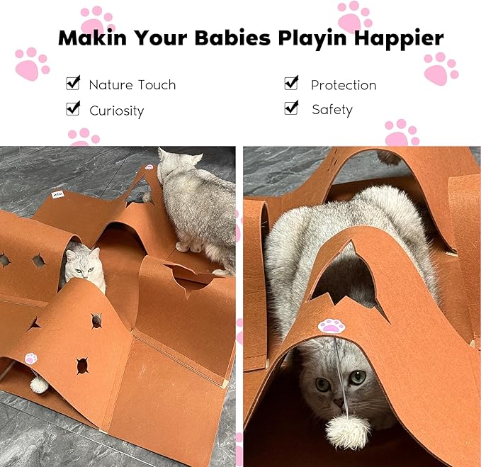 Interactive Cat Tunnel Mat for Indoor Cats, 4-Way Felt Cat Cave with Hanging Ball, Foldable Kitty Play Mat and Hideout, Pet Enrichment Toy for Kittens, Rabbits, Small Pets