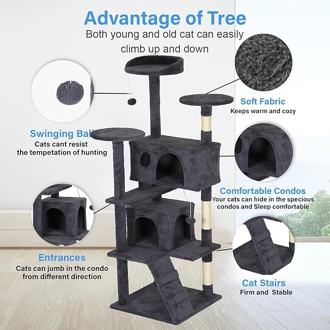 FDW | 62" Cat Tree Tower | Dark Gray | Multi-Level Indoor Activity Center with Sisal Scratching Posts, Condos, Plush Perches, Hanging Cat Toys | Sturdy, Easy to Assemble | for Kittens & Adult Cats