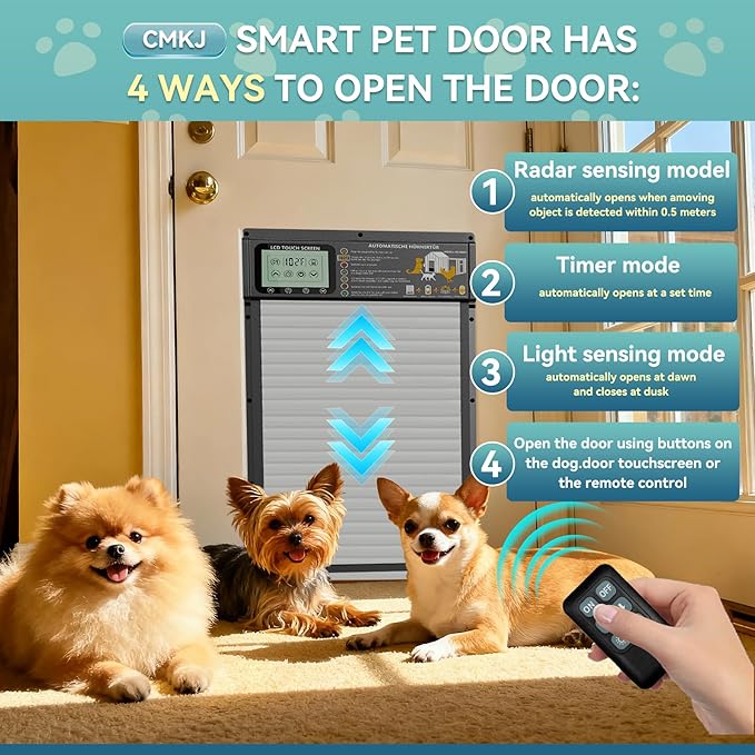 Large Size Automatic Dog Door Cat Door Solar - Powered Doggy Door Opener, Timer Modes for Safe and Convenient Dog/Cat Keeping with Radar Mode, Remote Control, Inner Door Dimensions 10" L×13.4" H