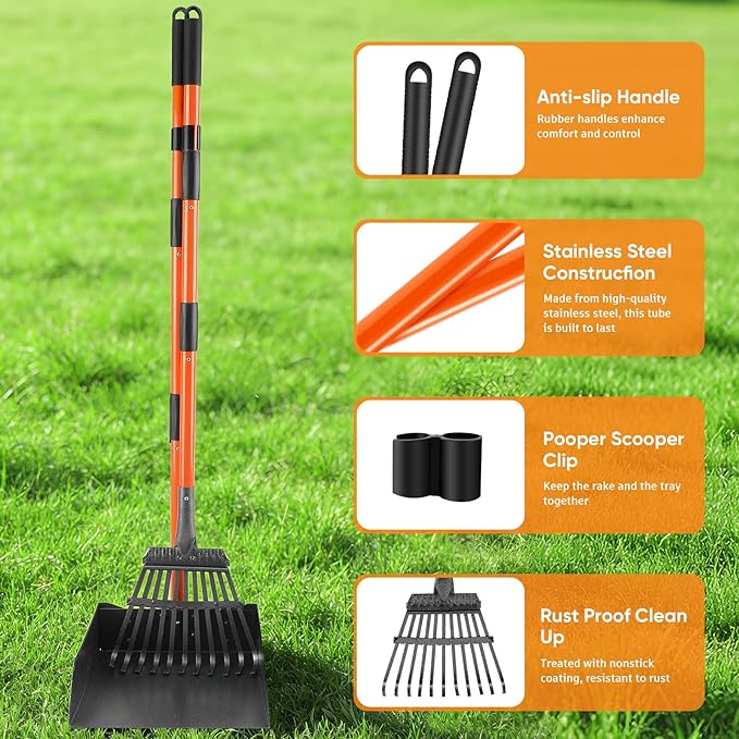 Pooper Scooper, Detachable Long Handle Dog Pooper Scoopers with Heavy Duty Metal Rake and Tray, Durable Pooper Scooper for Large Dogs, Great for Lawn, Grass, Dirt, Gravel, Yard
